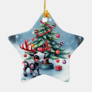 Cute Cyberpunk Reindeer with Christmas Tree Ceramic Ornament