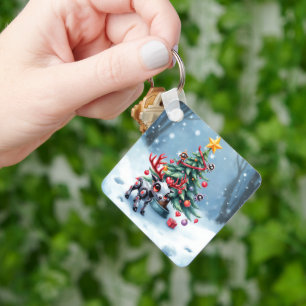 Cute Cyberpunk Reindeer with Christmas Tree Keychain