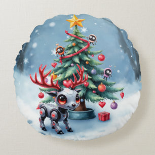Cute Cyberpunk Reindeer with Christmas Tree Round Pillow