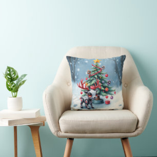 Cute Cyberpunk Reindeer with Christmas Tree Throw Pillow