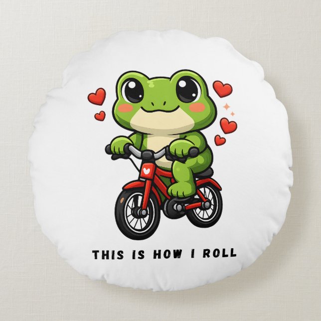 Cute Cycling Frog | Kawaii Frog Bicycle Art Round Pillow (Front)