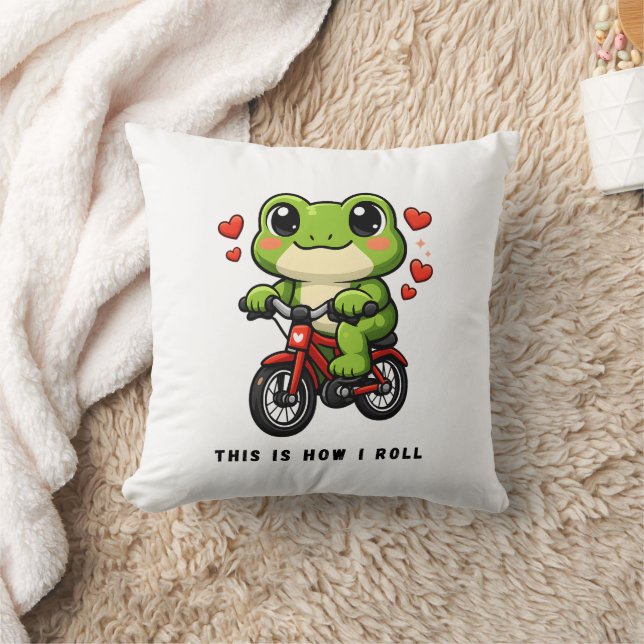 Cute Cycling Frog | Kawaii Frog Bicycle Art Throw Pillow (Blanket)