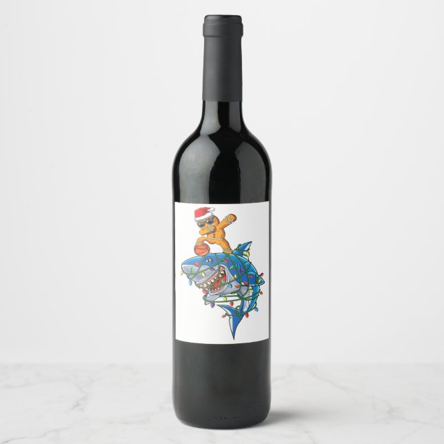 Cute Dabbing Gingerbread Man Dab Shark Basketball  Wine Label (Front)