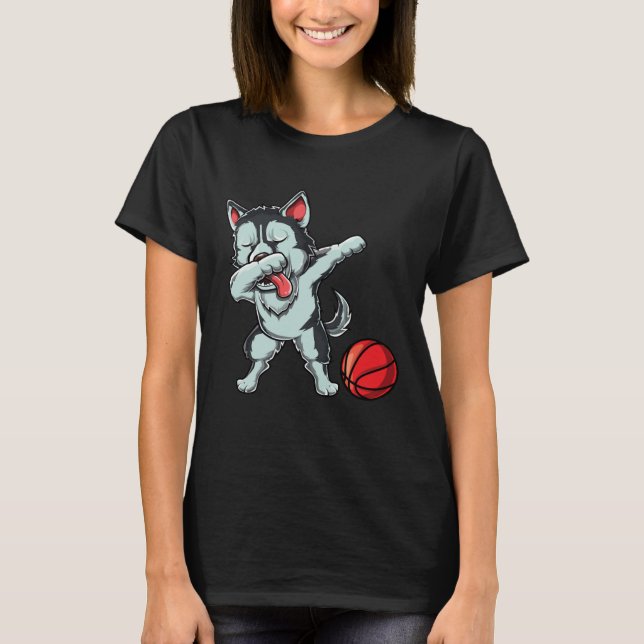 Cute Dabbing Siberian Husky Dog Dab Bball Basketba T-Shirt (Front)