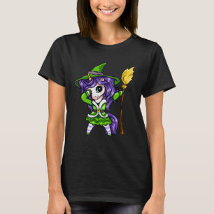 Cute Dabbing Unicorn Girl Witch With Broom Hallowe T-Shirt