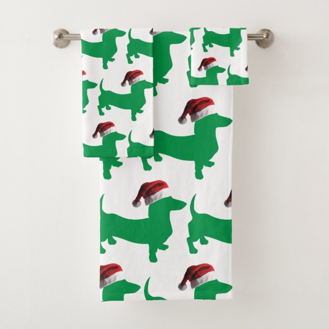 Cute Dachchund Wearing a Santa Claus Hat Bath Towel Set (Insitu)