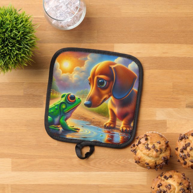 Cute Dachshund and Frog Pot Holder (Top Down)