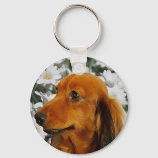 Cute Dachshund (Brown Long Haired) in Flowers Keychain