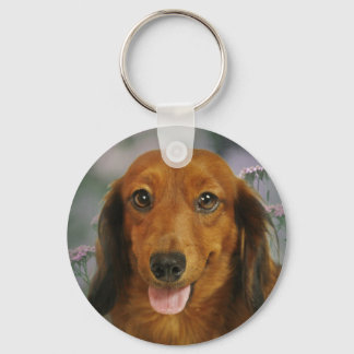 Cute Dachshund (Brown Long Haired) Wild Flowers Keychain