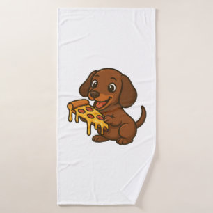 Cute Dachshund cartoon pizza pizza lover dog Bath Towel