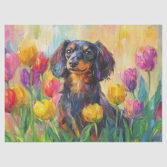 Cute Dachshund Colourful Tulips Decoupage Tissue Paper (Front)
