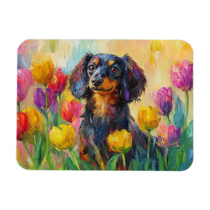 Cute Dachshund Colourful Tulips Painting Magnet
