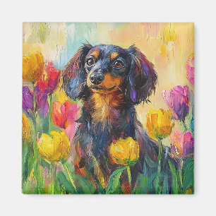 Cute Dachshund Colourful Tulips Painting Magnet