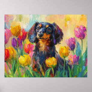 Cute Dachshund Colourful Tulips Painting Poster