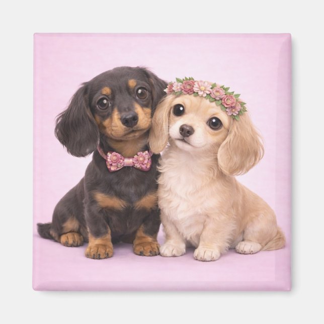 Cute Dachshund Couple Valentine Illustration Magnet (Front)