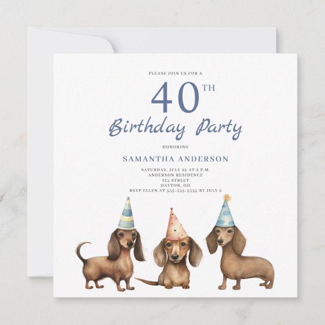 Cute Dachshund Dog 40th Birthday Party  Invitation (Front)