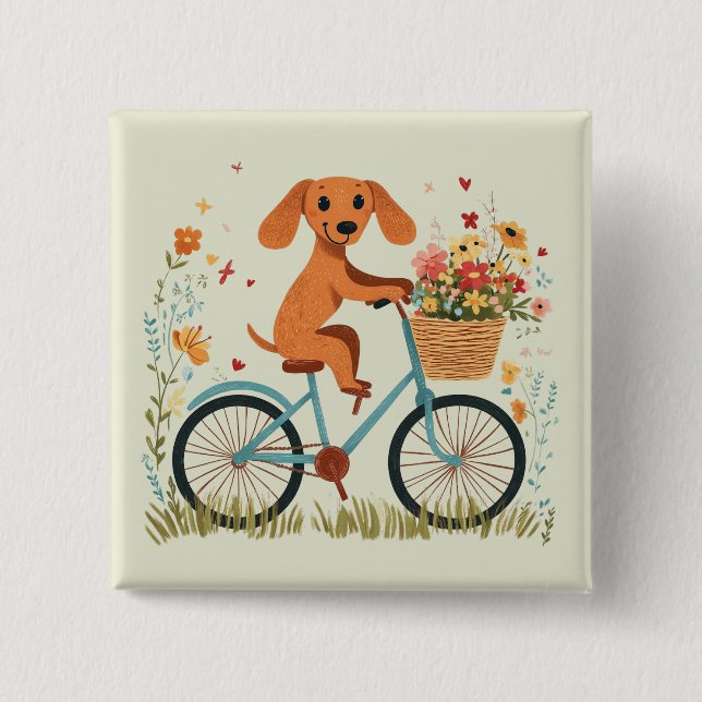 Cute Dachshund Dog Biking Spring Flowers 2 Inch Square Button (Front)