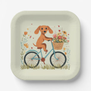 Cute Dachshund Dog Biking Spring Flowers Paper Plate