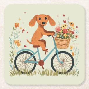Cute Dachshund Dog Biking Spring Flowers Square Paper Coaster