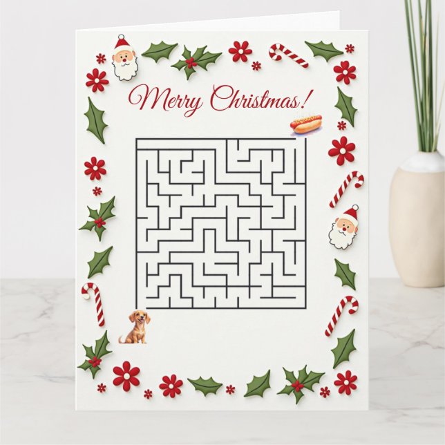 Cute Dachshund Dog Christmas Maze Puzzle Holiday Card (Front)