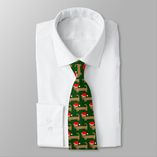 Cute Dachshund Dog Dark Green Mens Tacky Xmas Tie (Tied)