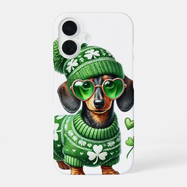 CUTE DACHSHUND DOG DRESSED IN IRISH CLOTHES iPhone 16 CASE (Back)