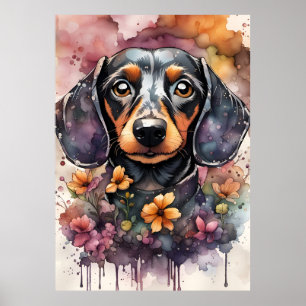 Cute Dachshund Dog in Watercolor Poster