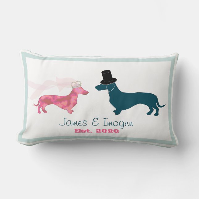 Cute Dachshund Dog Newlyweds Monogram Lumbar Pillow (Front)