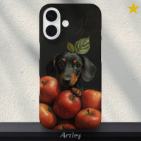 Cute Dachshund Dog Peeking Apple Painting Initials