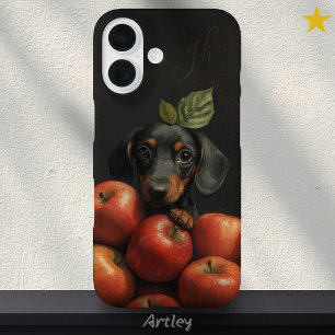Cute Dachshund Dog Peeking Apple Painting Initials iPhone 16 Case