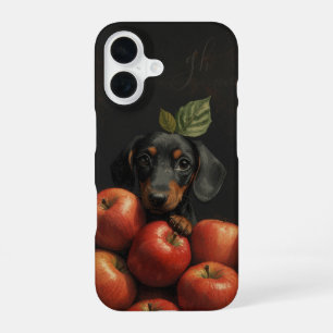 Cute Dachshund Dog Peeking Apple Painting Initials iPhone 16 Case