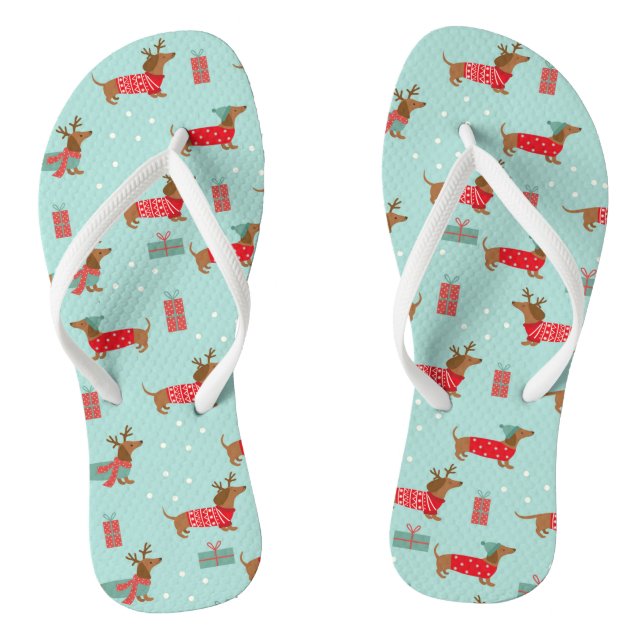 Cute Dachshund Dog Snow Winter Christmas Holidays Flip Flops (Footbed)
