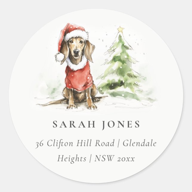 Cute Dachshund Dog Watercolor Christmas Address Classic Round Sticker (Front)