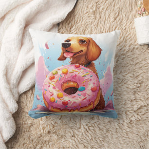 cute dachshund dog with doughnut throw pillow