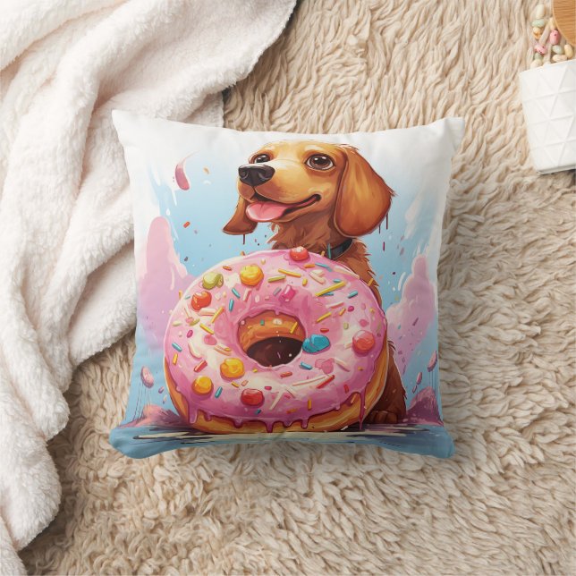 cute dachshund dog with doughnut throw pillow (Blanket)