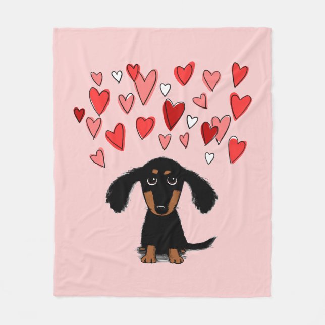 Cute Dachshund Dog with Valentine Hearts Pink Fleece Blanket (Front)