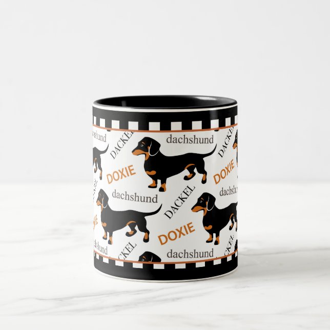 Cute Dachshund Doxie Black and Tan Pattern Two-Tone Coffee Mug (Center)