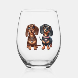 Cute dachshund friends stemless wine glass