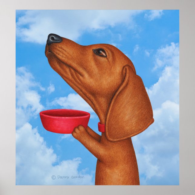 Cute Dachshund Holding Red Bowl Poster (Front)
