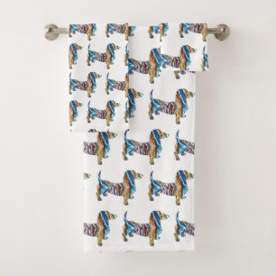 Cute Dachshund in a Psychedlic Zebra Pattern Bath Towel Set