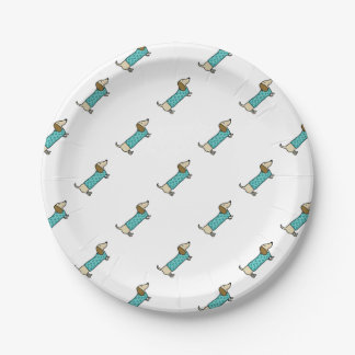 Cute dachshund in mint blue paper plate