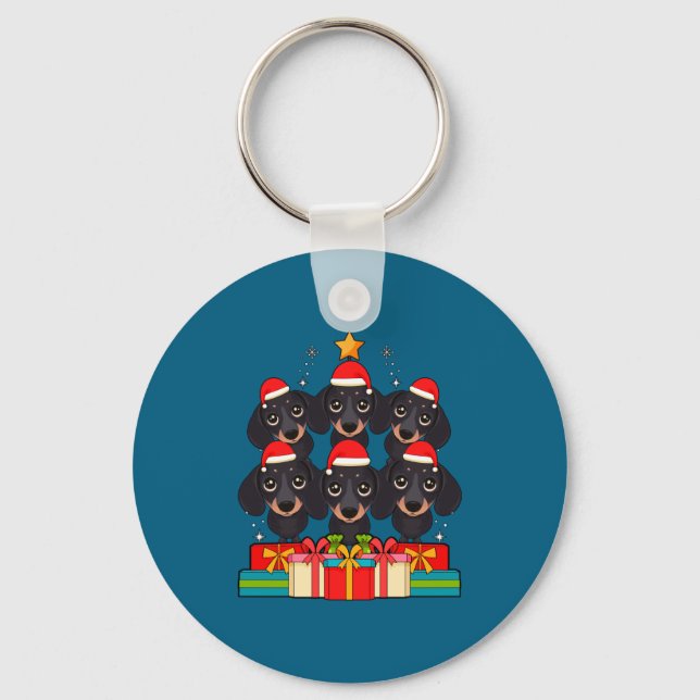 Cute Dachshund Le Doxie Christmas Tree Xmas Hat Lo Keychain (Front)