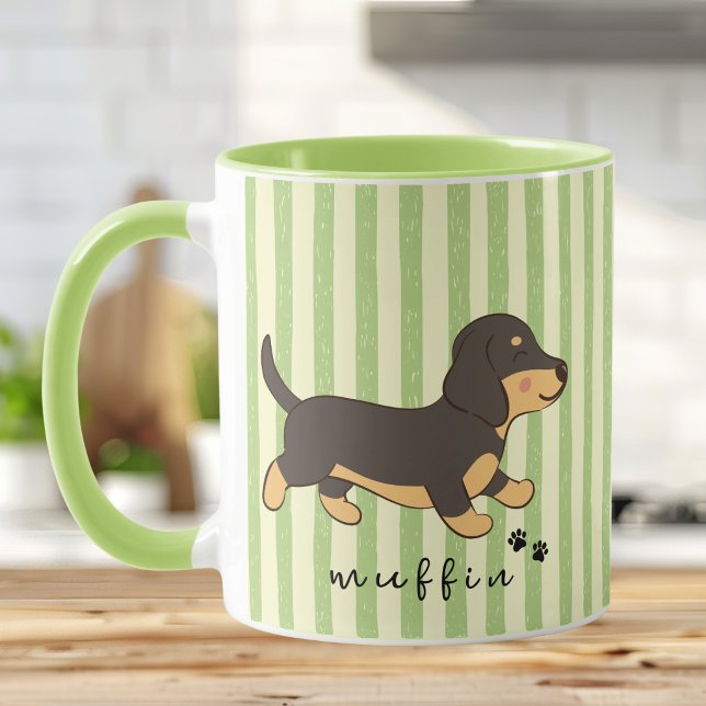 Cute Dachshund Name Green Vintage Stripes Mug (Creator Uploaded)