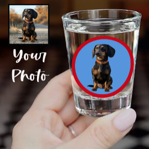 Cute Dachshund or Your Pet Face Photo on Blue Red  Shot Glass