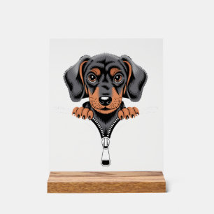 Cute Dachshund Peeking Out of Zipper Illustration Acrylic Sign