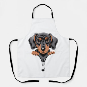 Cute Dachshund Peeking Out of Zipper Illustration Apron