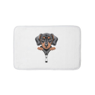 Cute Dachshund Peeking Out of Zipper Illustration Bath Mat