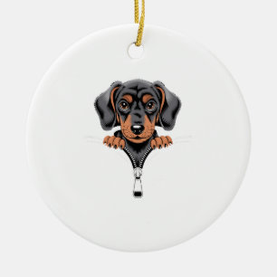 Cute Dachshund Peeking Out of Zipper Illustration Ceramic Ornament