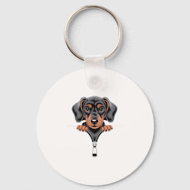 Cute Dachshund Peeking Out of Zipper Illustration Keychain (Front)