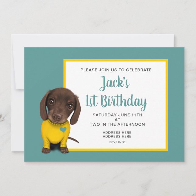 Cute Dachshund Puppy - 1st Birthday Invitation (Front)